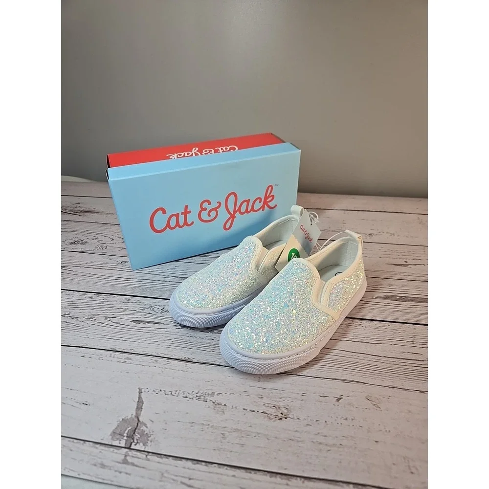 Cat & Jack Girl Size 10 Madigan White Glitter Sparkle Slip on Casual Shoes *New*
